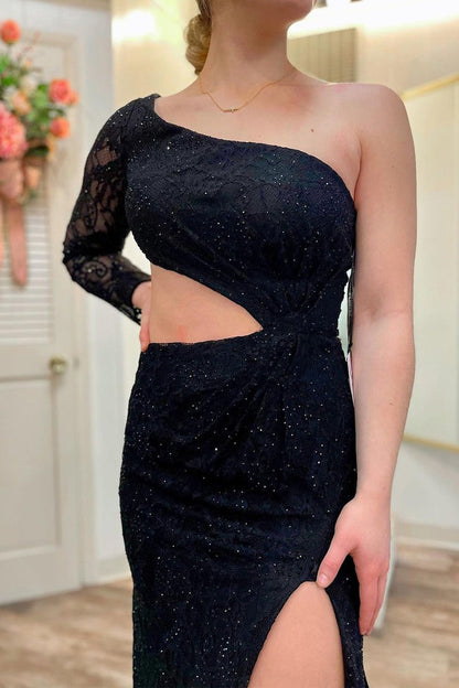 Black Lace Mermaid One Shoulder Long Prom Dress