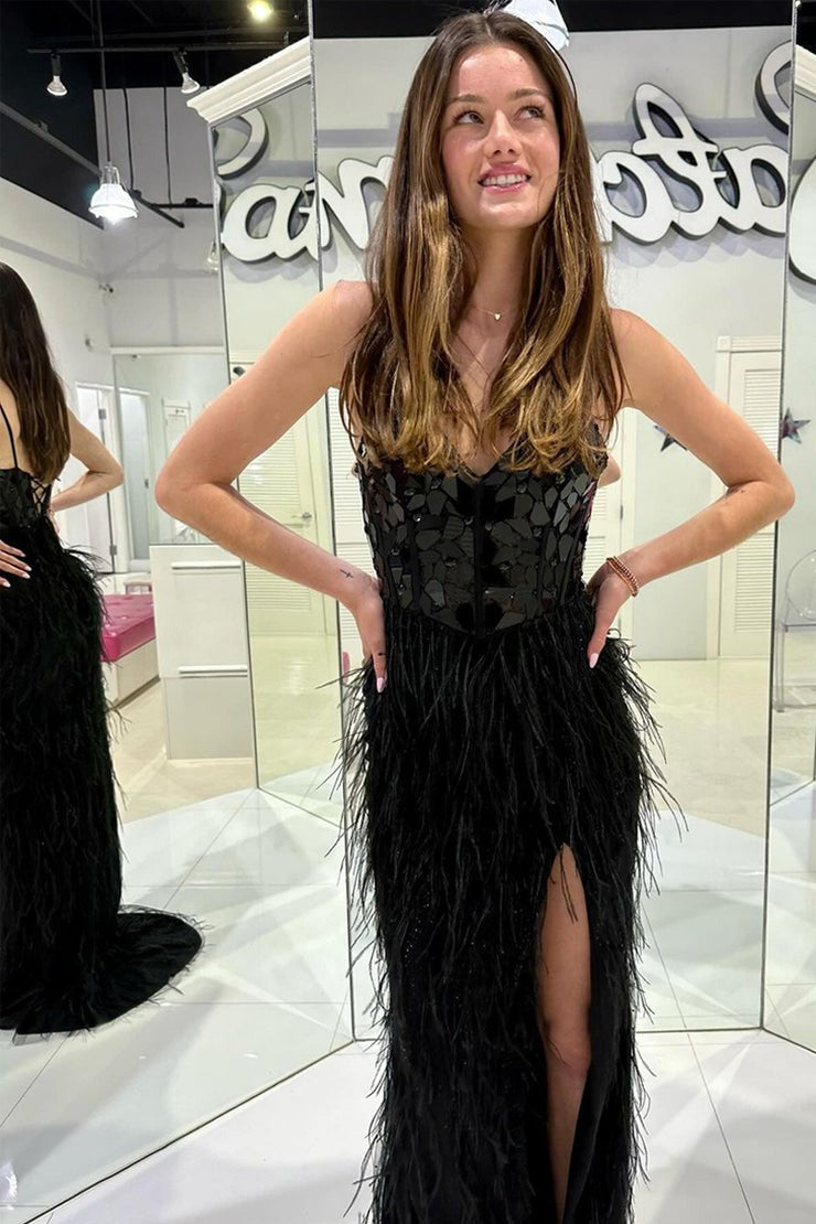 Black V Neck Long Mirror-Cut Feathered Prom Dress with Slit, PD25732