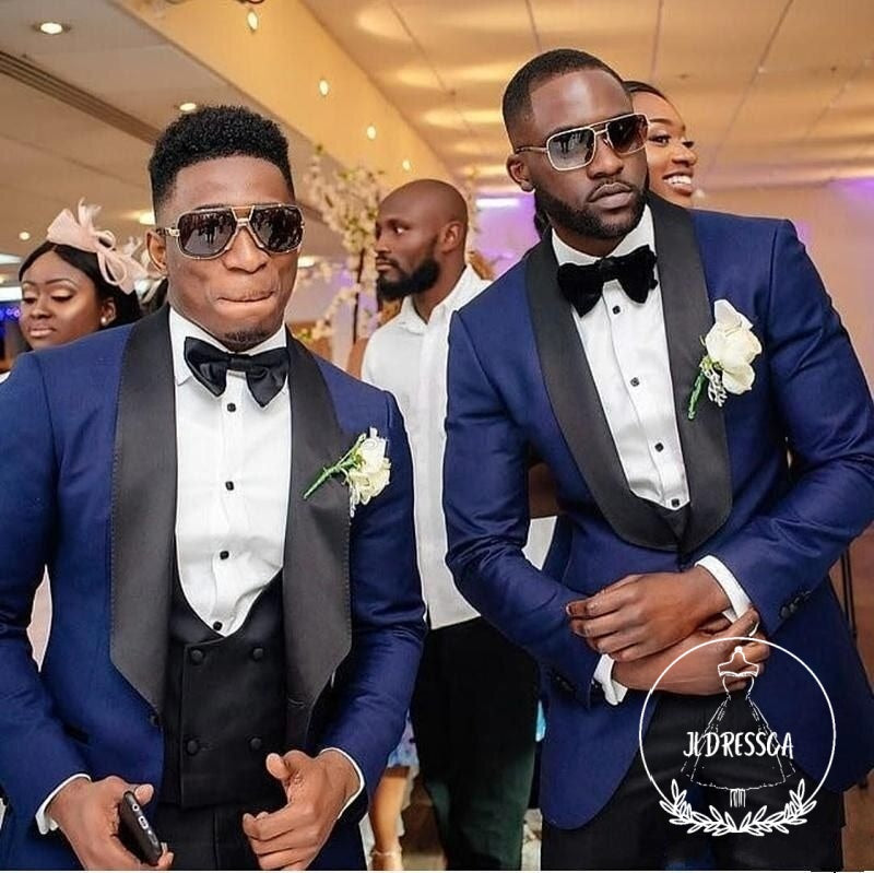 Navy Blue Three Piece Wedding Groomsmen Suit with Black Shawl Lapel, SU25054