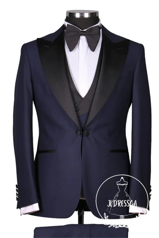 Navy Blue Peaked Lapel Three Pieces Slim Fit Wedding Men Suits, SU25145