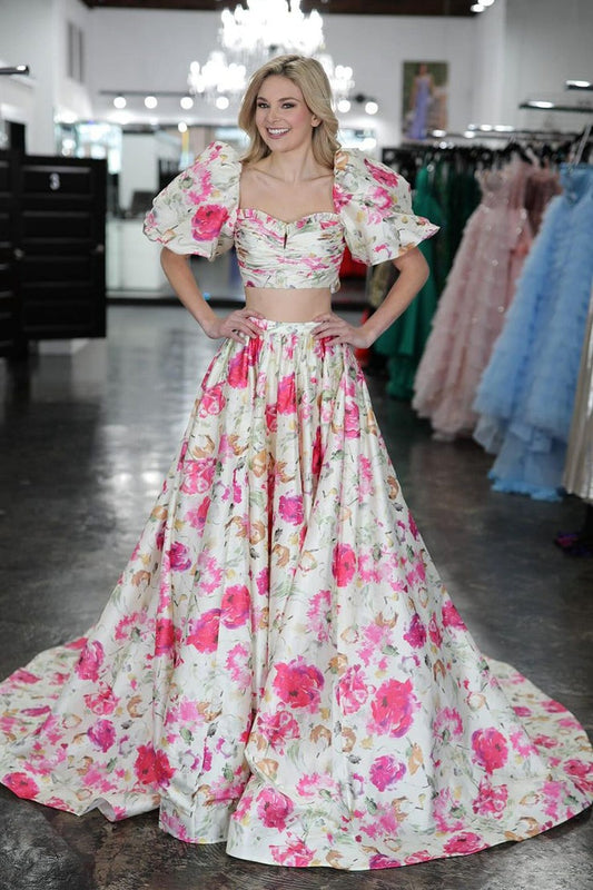 Floral Printed Two Piece Sweetheart Long Prom Dress