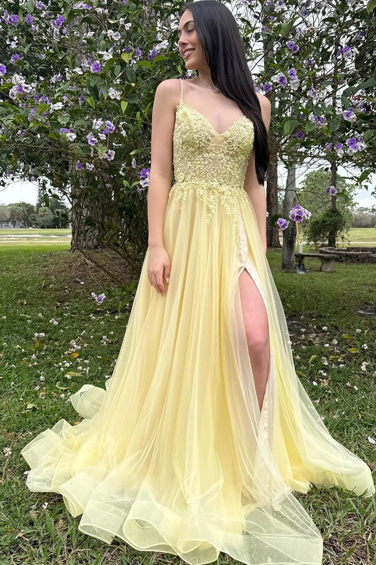 Yellow Tulle A-Line V Neck Long Prom Dresses with Appliques