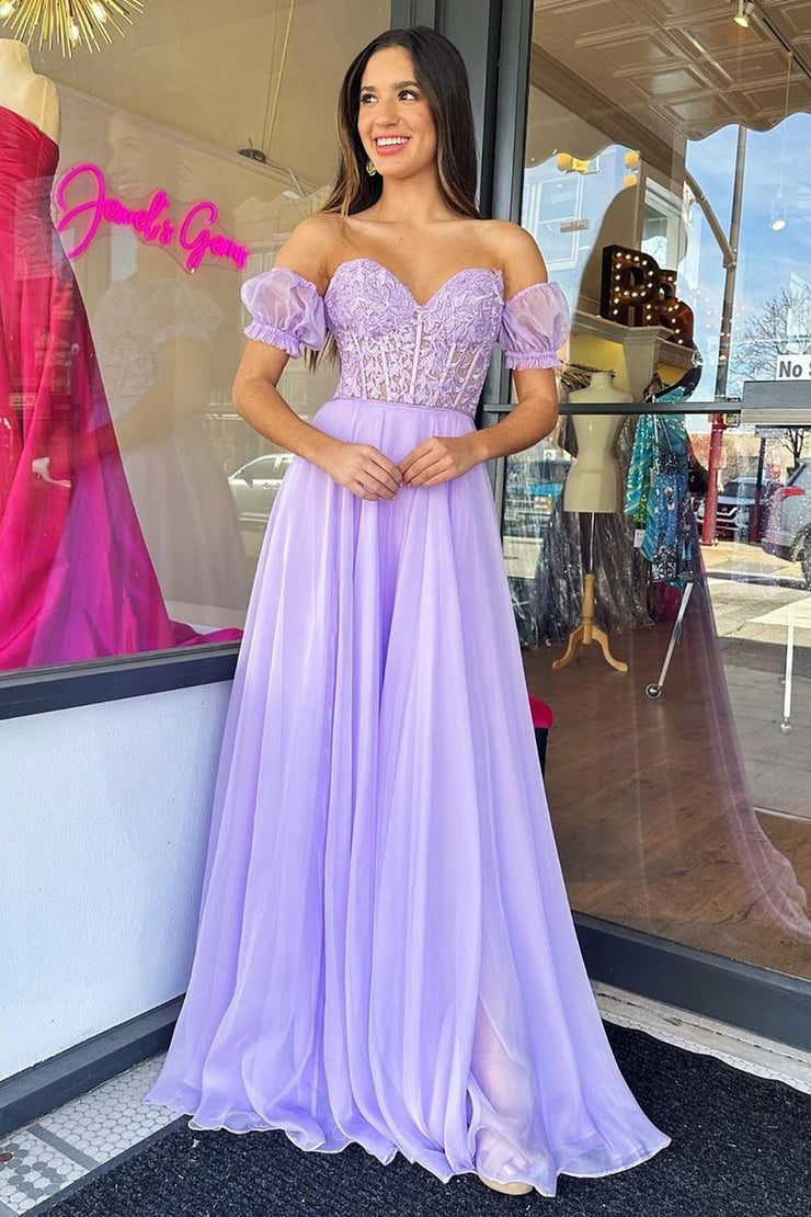 Purple A Line Sweetheart Corset Prom Dress with Appliques, PD25611