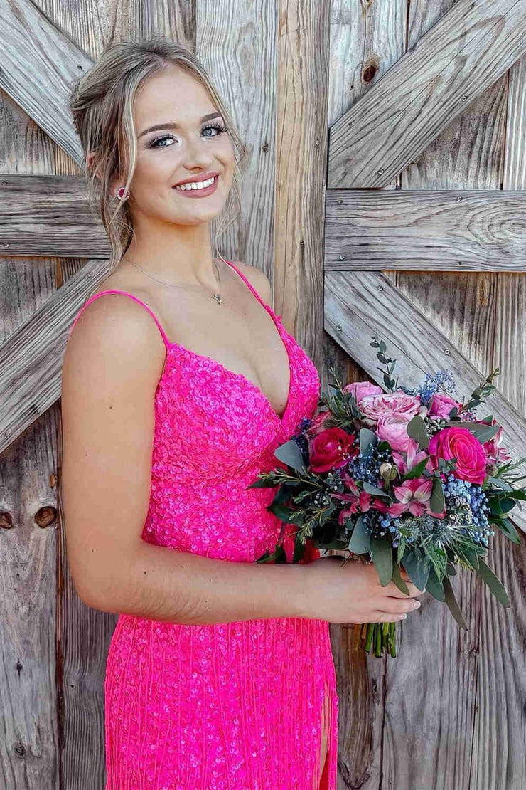 Blue Glitter V - Neck Long Prom Dress with Tassel, PD25661