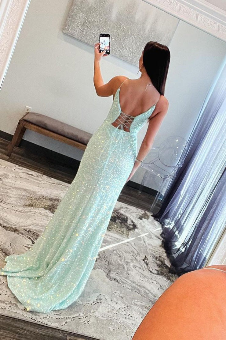 Sequins Mermaid V Neck Long Prom Dress with Appliques