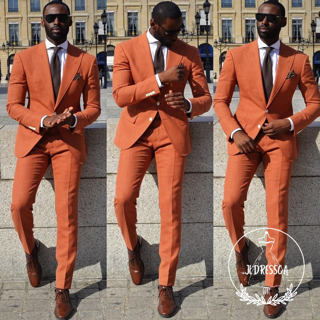 Orange Slim Fit Men Suit Peaked Lapel Prom Suits, SU25033