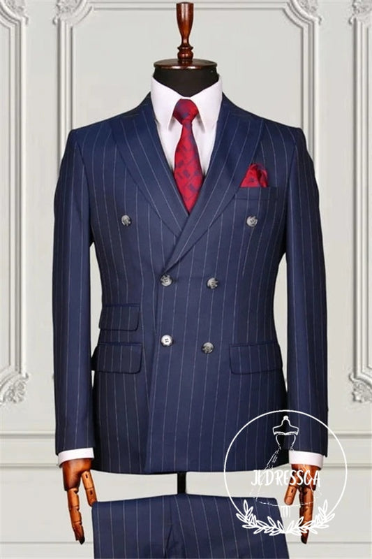 Navy Blue Formal Striped Double Breasted Bespoke Men Suits, SU25135
