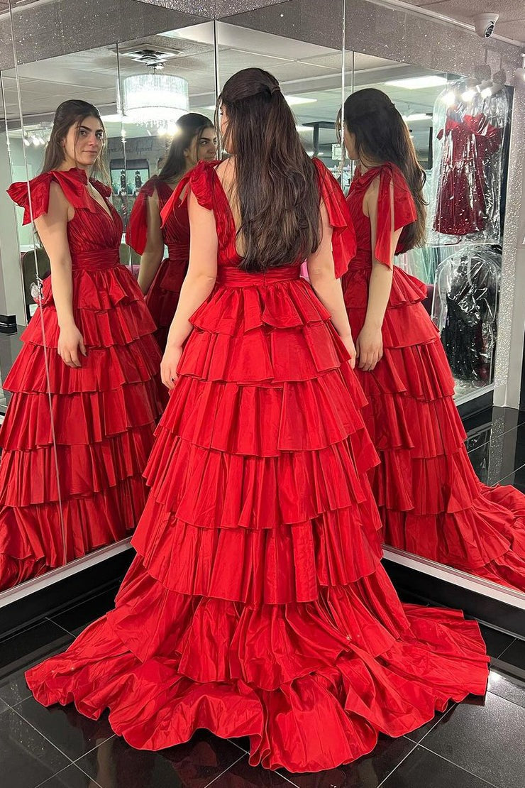 Red Satin A-Line V Neck Ruffle Tiered Long Prom Dress