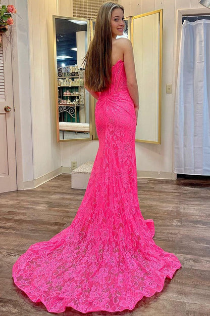 Fuchsia Mermaid Strapless Lace Long Prom Dresses with Slit