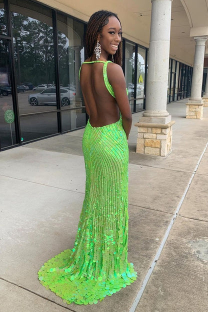 Green V Neck Sequins Mermaid Long Prom Dress with Slit