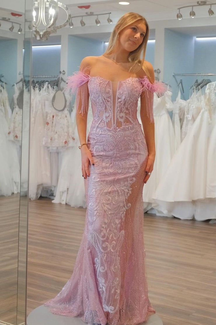 Pink Mermaid Off the Shoulder Sequins Appliques Long Prom Dress