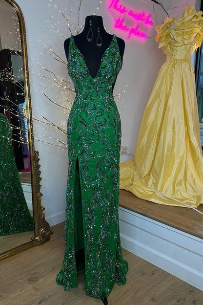 Dark Green V Neck Sequins Lace Mermaid Long Prom Dress with Slit, PD25215
