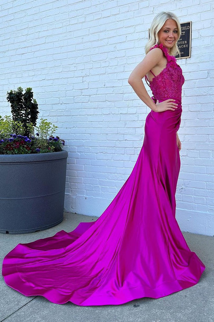 Satin One Shoulder Mermaid Long Prom Dress with Appliques