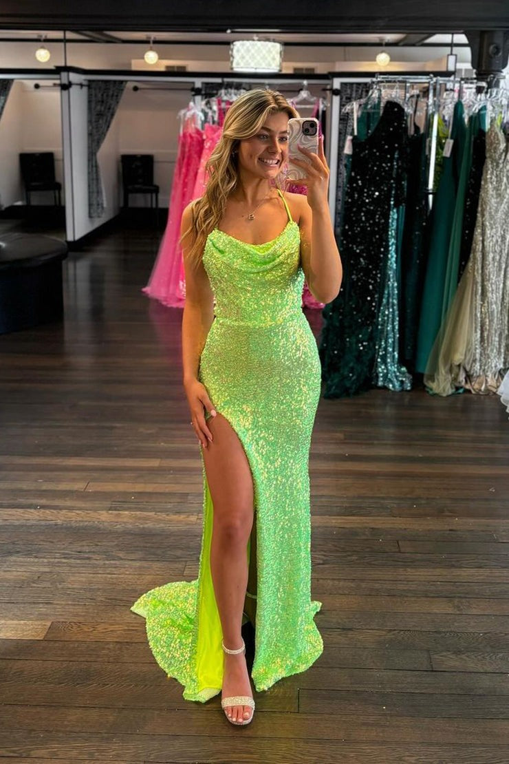 Cowl Neck Mermaid Green Sequins Long Prom Dresses with Slit