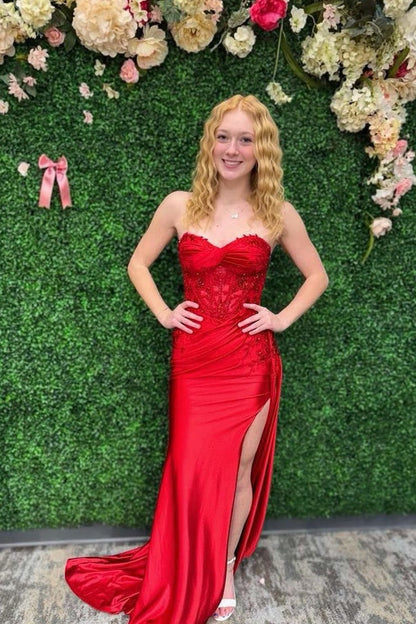 Red Mermaid Sweetheart Prom Dresses with Slit and Appliques