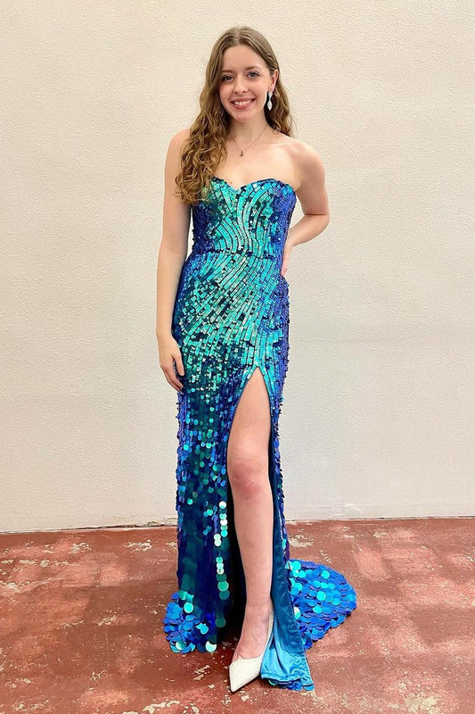 Blue Sweetheart Sequins Mermaid Long Prom Dresses