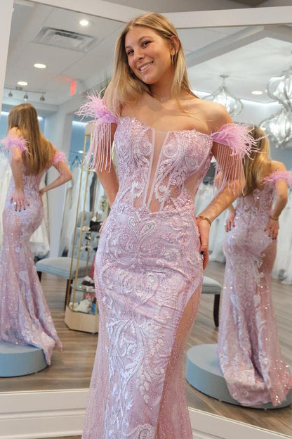 Pink Mermaid Off the Shoulder Sequins Appliques Long Prom Dress