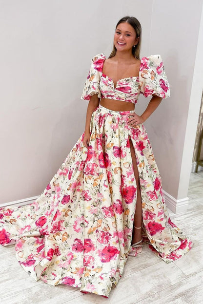 Two Piece Floral Printed Satin Long Prom Dress with Slit, PD25125