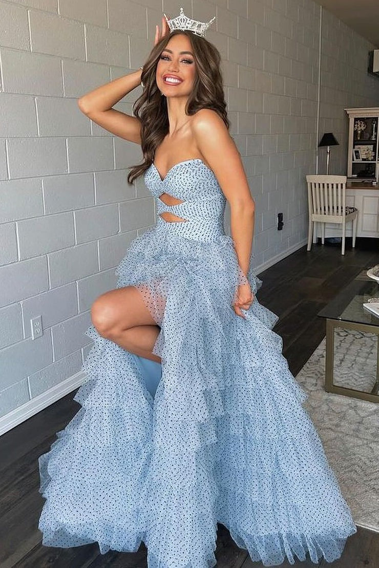 Strapless Tiered Polka Dots Long Prom Dresses