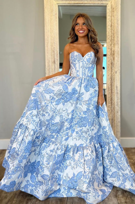 Light Blue Jacquard Satin A Line Sweetheart Tiered Prom Dress