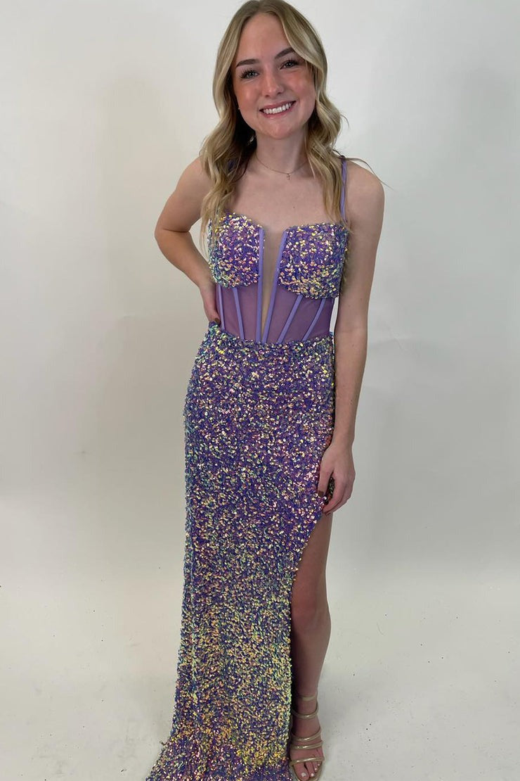 Spaghetti Straps Mermaid Purple Sequins Long Prom Dress with Slit, PD25131