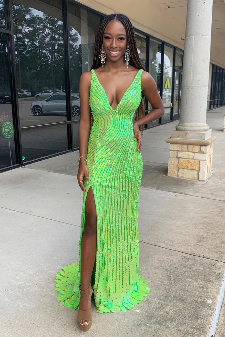 Green V Neck Sequins Mermaid Long Prom Dress with Slit, PD25280