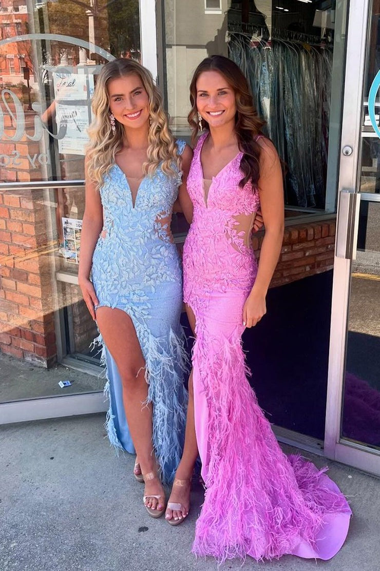 Blue Mermaid V Neck Appliques Long Prom Dresses with Slit