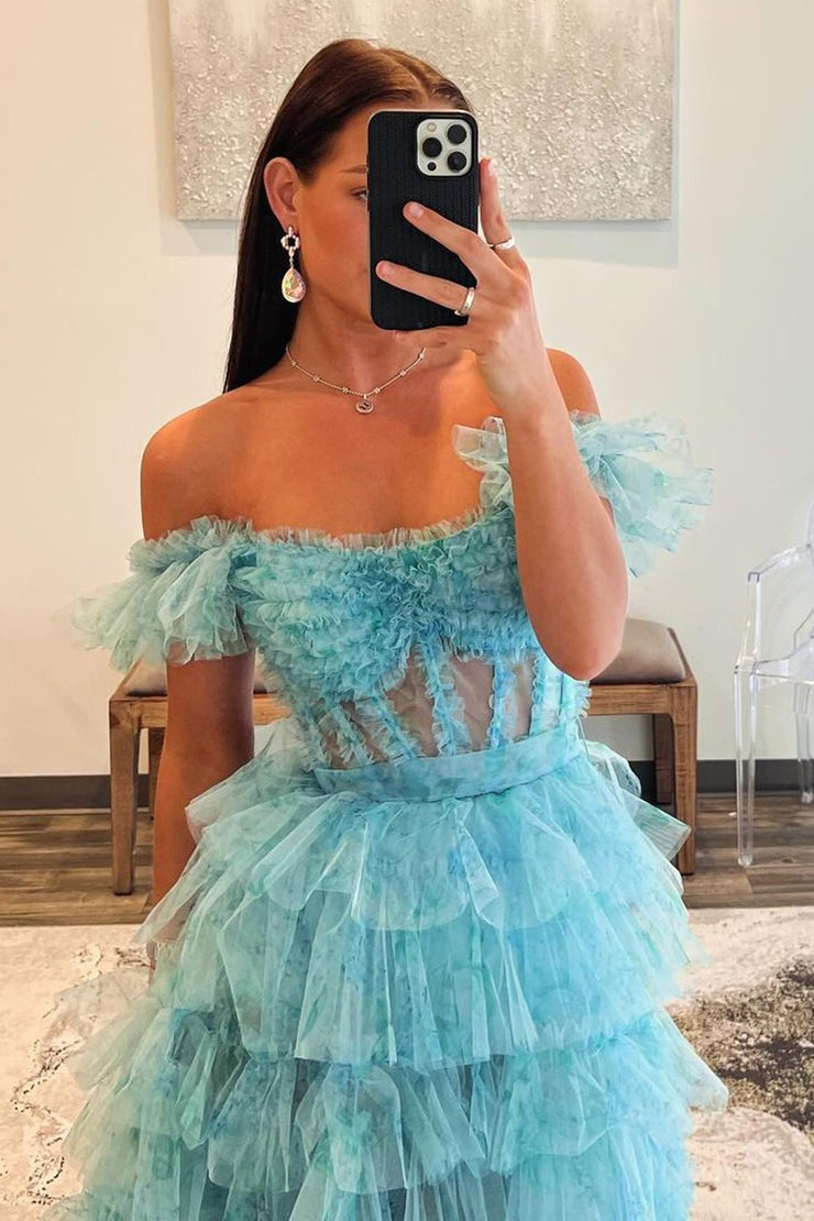 Off the Shoulder A-Line Ruffle Tiered Long Prom Dress with Slit