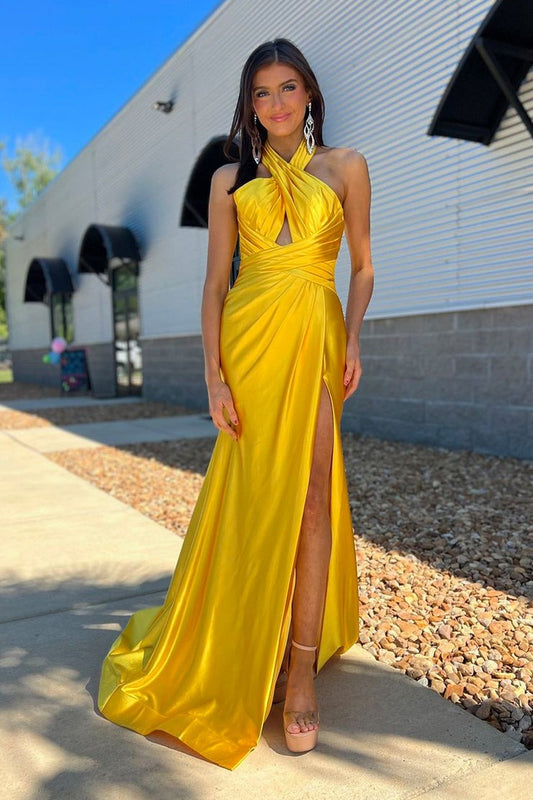 Cross Neck Mermaid Yellow Satin Long Prom Dresses with Slit