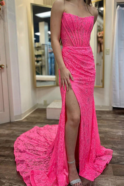 Fuchsia Mermaid Strapless Lace Long Prom Dresses with Slit