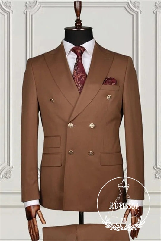 Brown Double Breasted Close Fitting Formal Men Suits, SU25096