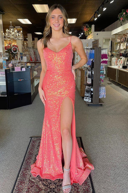 Pink Sequin V Neck Long Prom Dress with Slit