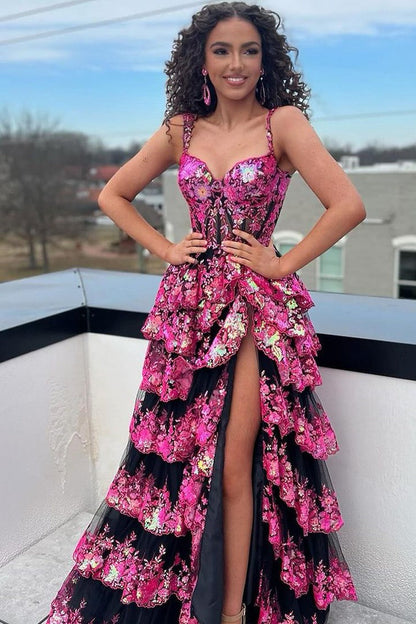 Sequin Lace A-Line Sweetheart Tiered Long Prom Dress, PD25423