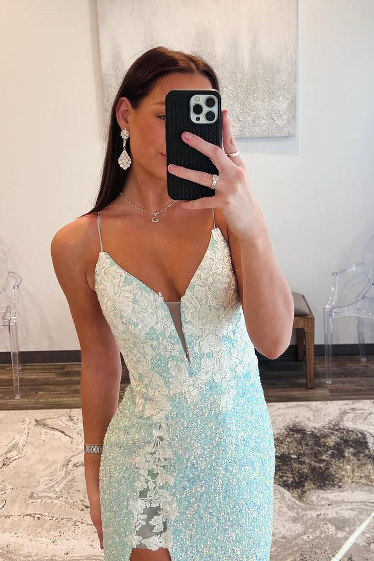 Sequins Mermaid V Neck Long Prom Dress with Appliques