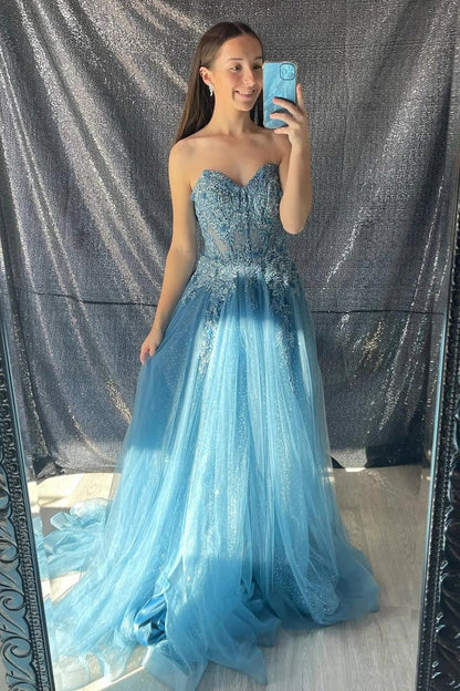 Aqua Strapless A-line Floral Appliques Long Prom Dress, PD25693