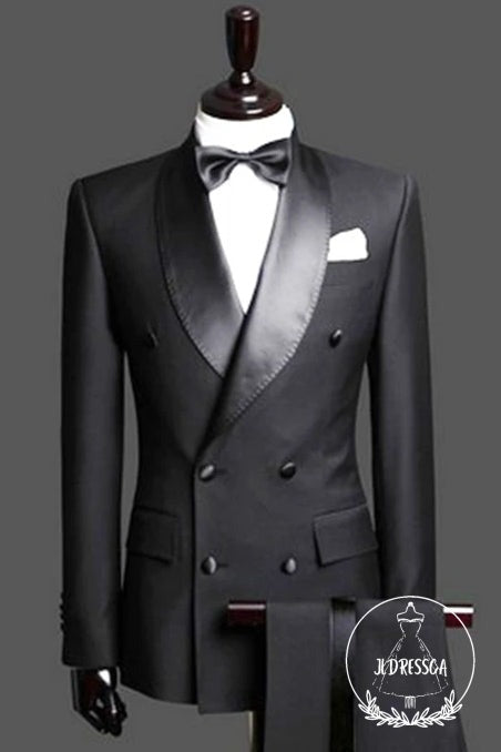Black Double Breast Wedding Suits Tuxedos Satin Lapel Two-pieces(Jacket pants) for wedding/prom, SU25025