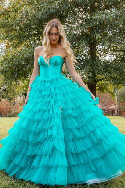 Turquoise Tulle A-Line Strapless Long Prom Dresses