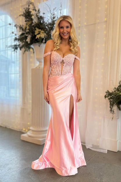 Stretch Satin Mermaid Off the Shoulder Prom Dress with Slit