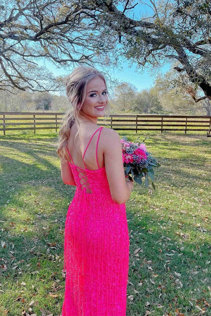 Blue Glitter V - Neck Long Prom Dress with Tassel, PD25661