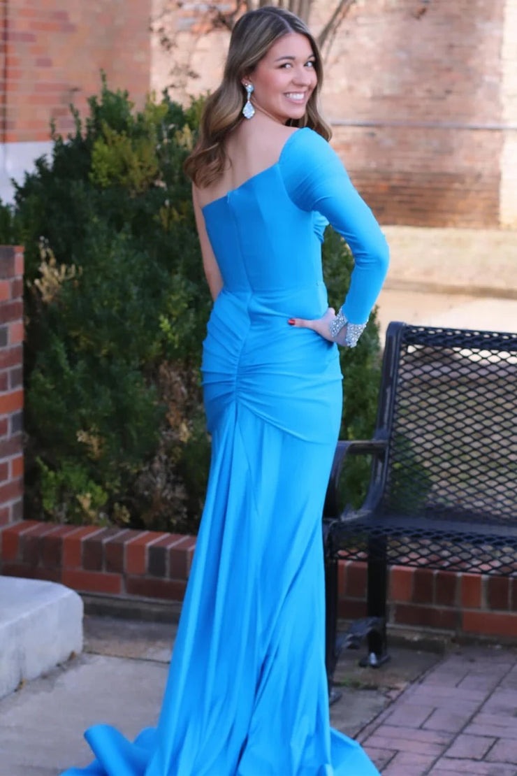 Peacock Blue Mermaid One - Sleeve Long Gown with Slit, PD25572