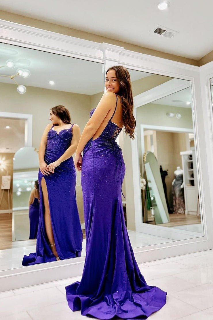Purple Mermaid Satin Long Prom Dresses with Beads, PD25602