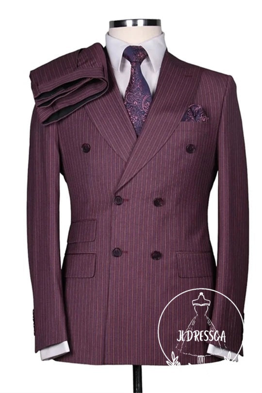 Burgundy Double Breasted Striped Men Suits, SU25186