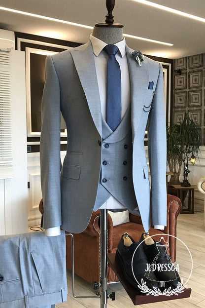 Classy Blue 3-Pieces Double Breasted Waistcoat Slim Fit Business Suits For Men, SU25046