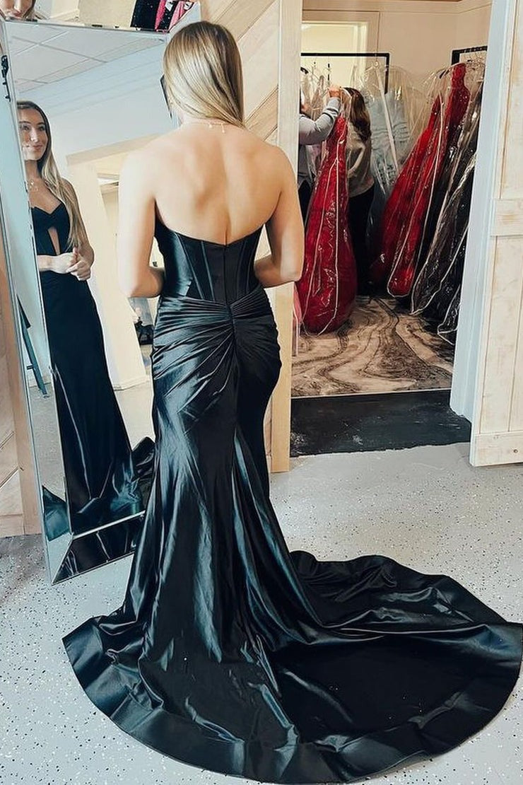 Black Mermaid Strapless Satin Long Prom Dresses with Slit, PD25592