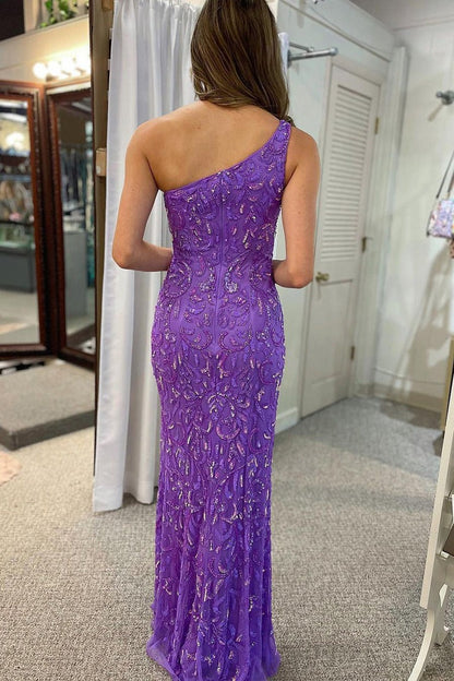 Purple Mermaid One Shoulder Sequins Lace Long Prom Dresses