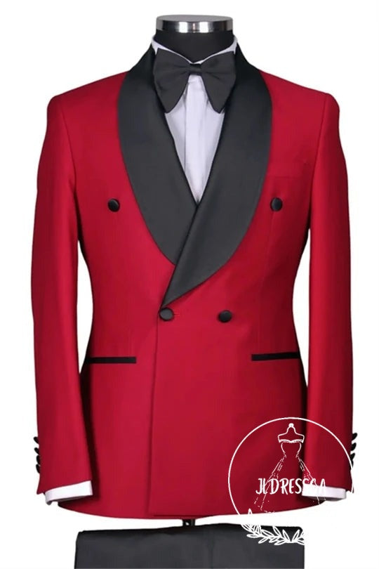 Red Shawl Lapel Double Breasted Wedding Men Suits, SU25156