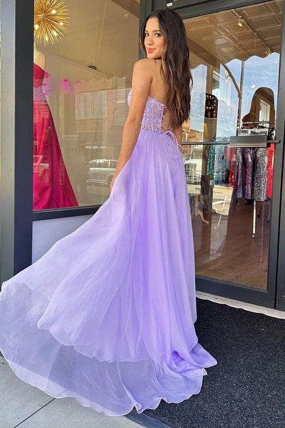 Purple A Line Sweetheart Corset Prom Dress with Appliques, PD25611