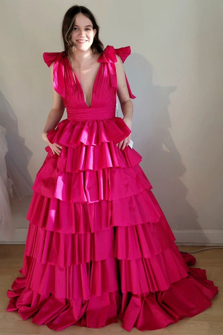 Black Plunge V Tiered Ruffle Ball Gown with Slit, PD25682