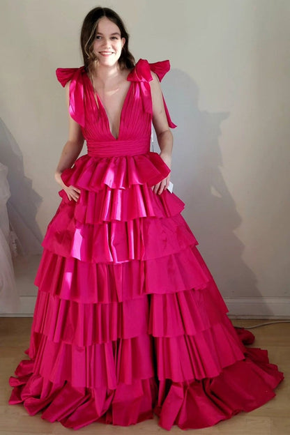 Black Plunge V Tiered Ruffle Ball Gown with Slit, PD25682