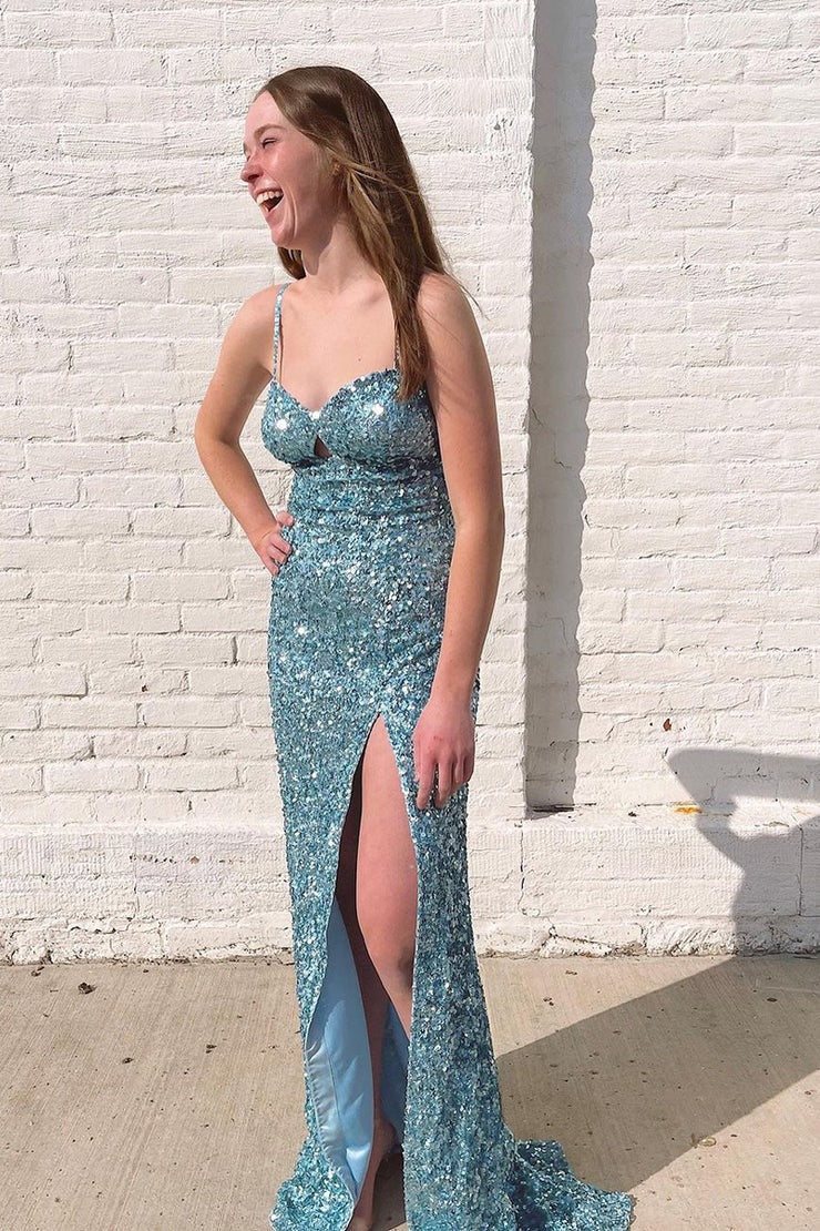 Blue Sequins Sweetheart Keyhole Mermaid Long Prom Dress with Slit